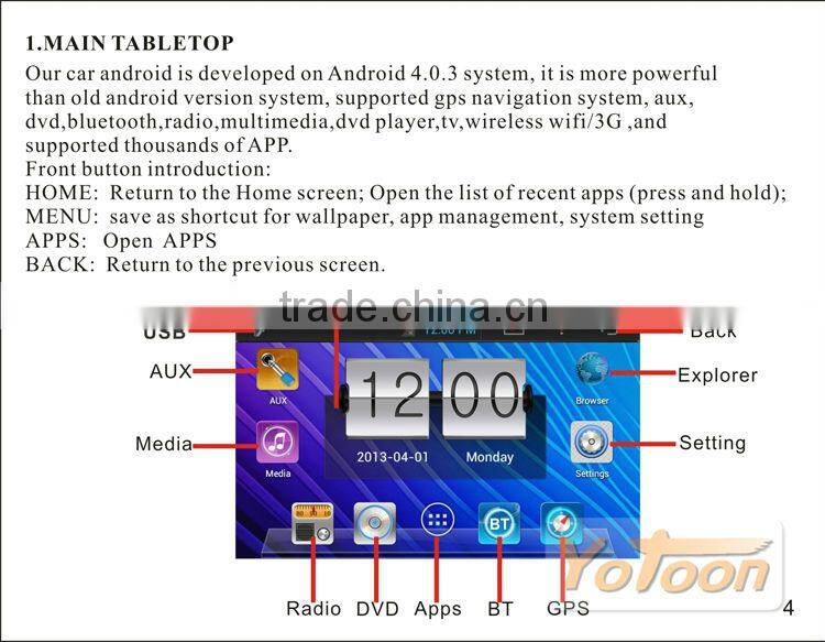 Android Car DVD player, GPS/BT/MP3/MP4/MP5/FM/AM/IPOD 100 kinds of Android 4.0 Car DVD 3G(WCDMA) and WIFI