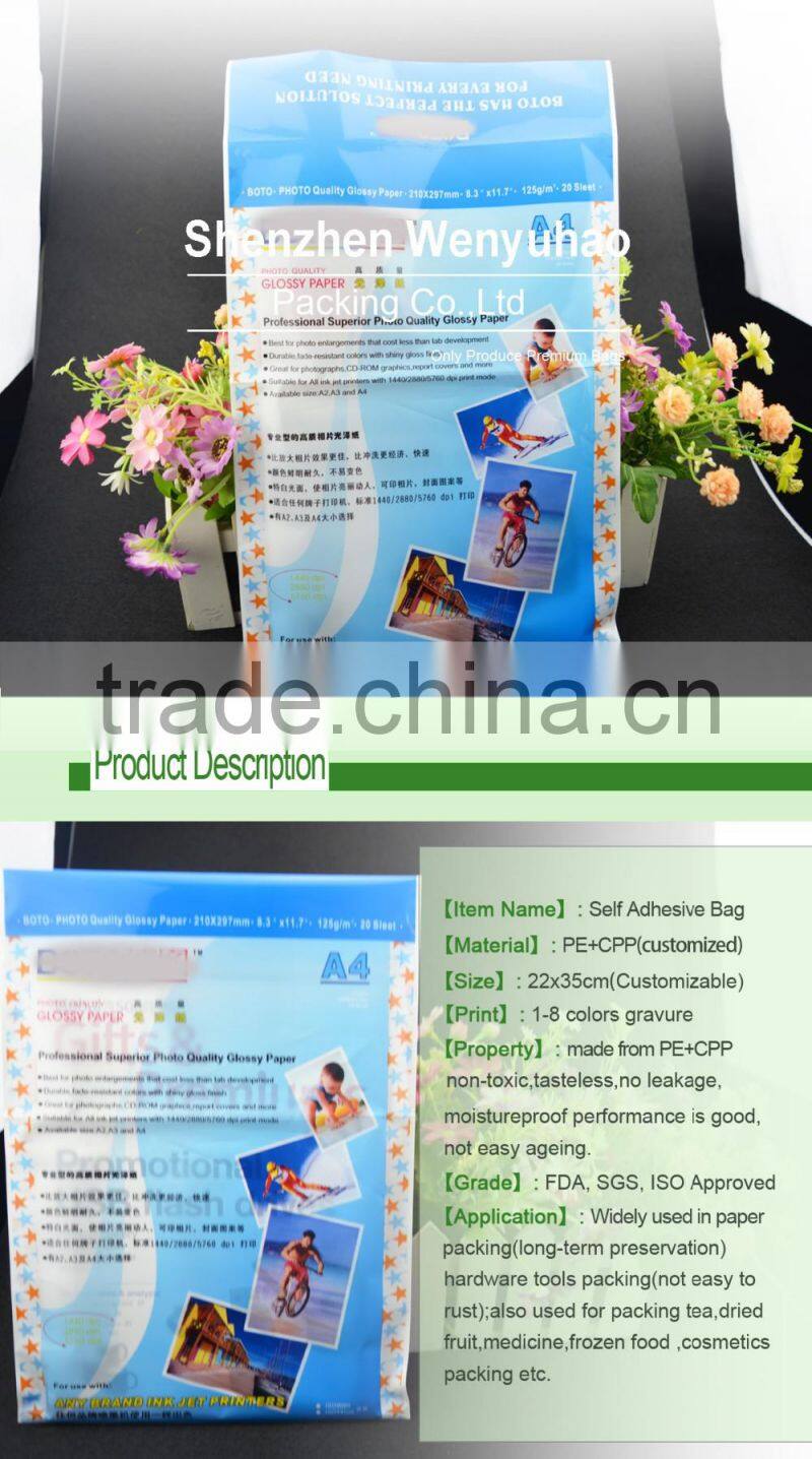 custom lamination self adhesive gravure printing A4 paper packing plastic bag for photo quality glossy paper