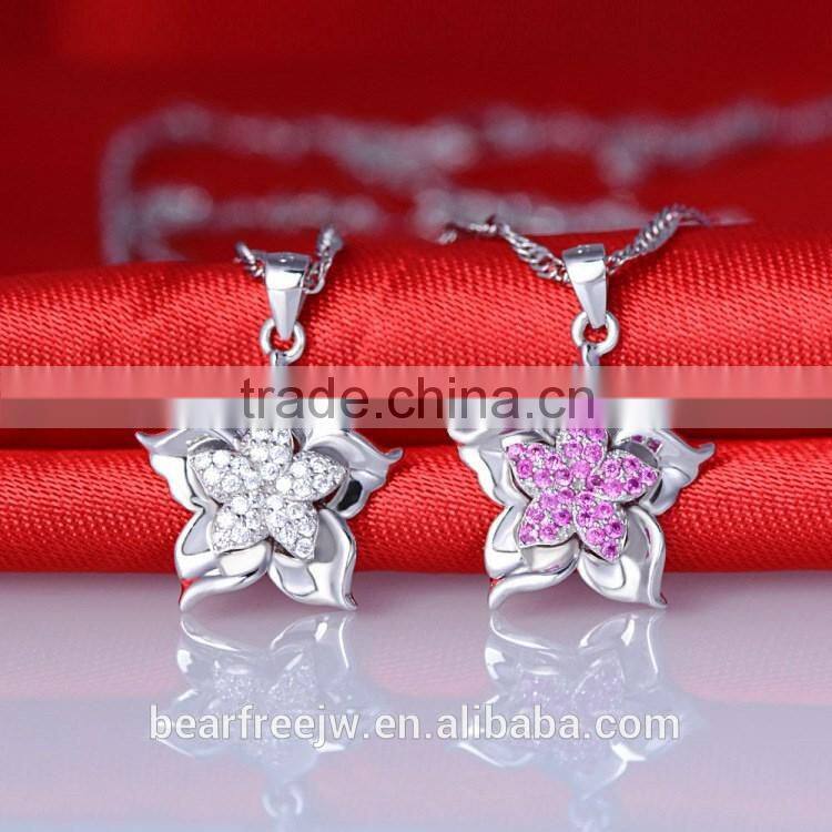 925 Sterling Silver White Gold Plated Pink Clear Cubic Zirconia Bauhinia Flower Pendants for Necklaces Women's Jewelry