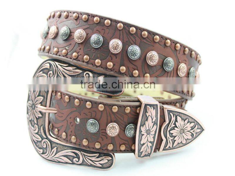 2016 New Design Western rhinestone leather belt with crystals circle chains and studs embedded