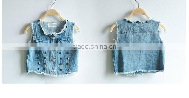 Wholesale Stylish Stud Pure Color Joker Sleeveless Girl Jeans Coat, Denim Children Cardigan