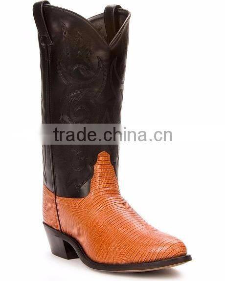 Black cognac fancy stitched manmade shaft leather lizard printed western cowboy boots