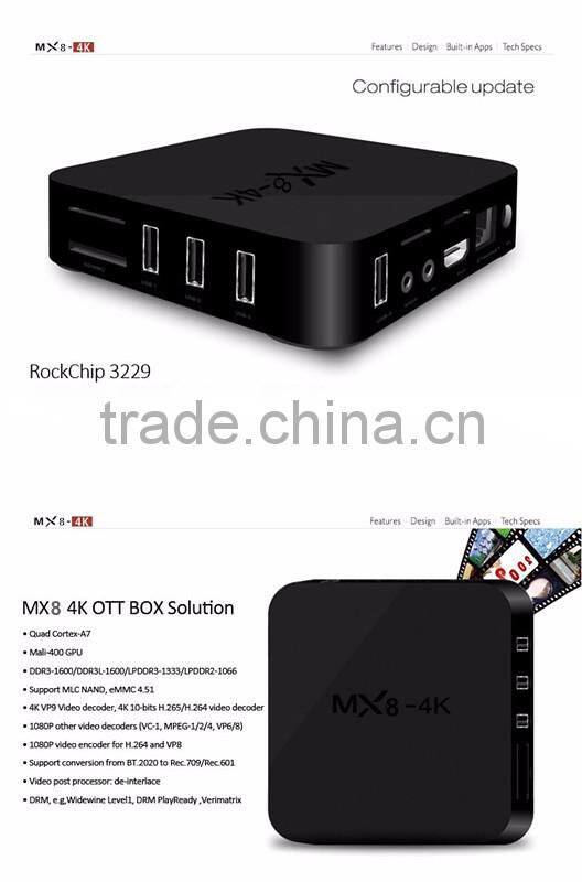MX8-4K RK3229 Quad Core Andorid 4.4 TV BOX MX8 4K 1GB/8GB 2.4GHz WiFi H.265 60tps KODI OTA Mini