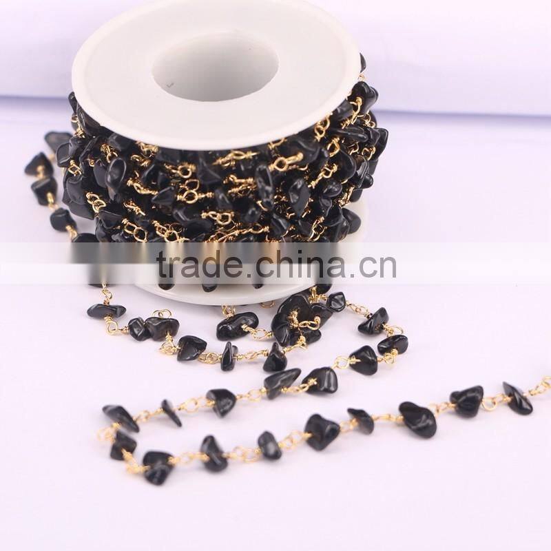 Black Stone Chip Beads Chain, Golden plated Brass Wire Wrapped Rosary style Chains Necklace Jewelry Findings Rosary Chain