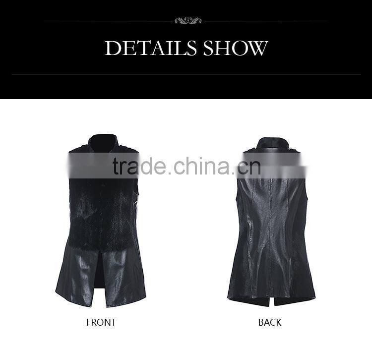 China custom women black leather vest with fur