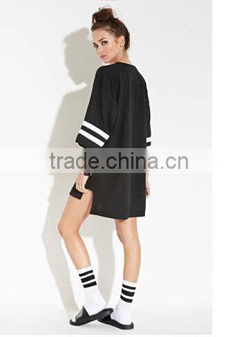 Guangzhou Factory Supplier Mesh Insert Loose Boyfriend women long jersey tops with Stripe Sleeve