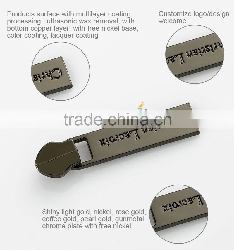 Shiny gunmetal custom metal zipper pull for purse