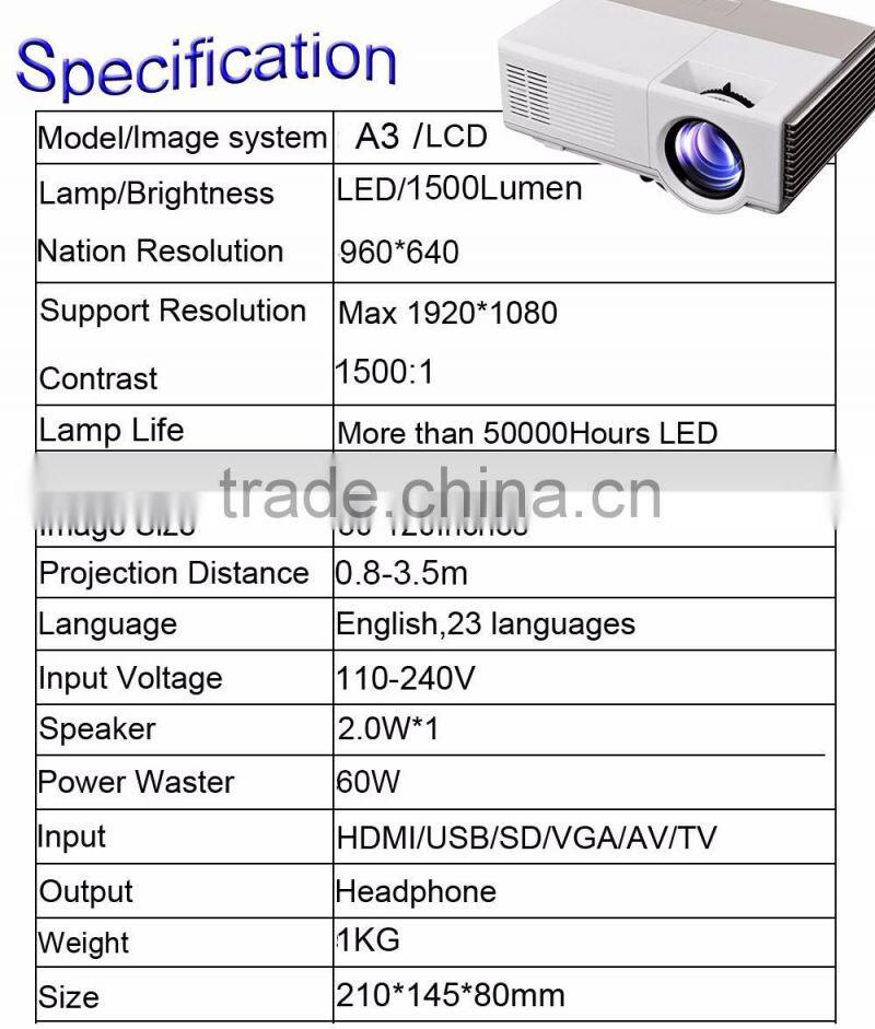 low price mini projector 1500 lumens Full Color LED home cinema projector