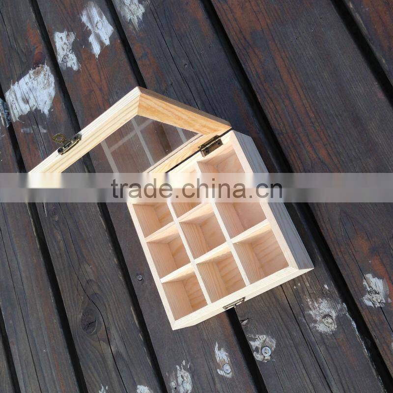pine Customize multicellular glass display wooden box 9 grids packaging box tea storage gift jewelry box 15*15*5.2cm