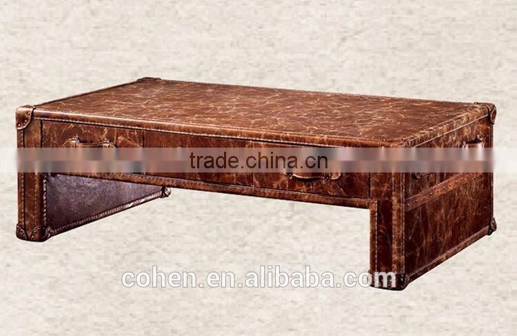 Jane European style cheap living room furniture design center table trunk with genuine leather covered