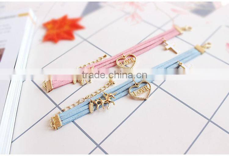 gold love heart cross horse feather charms sude leather bracelet multi layer velvet leather bracelet