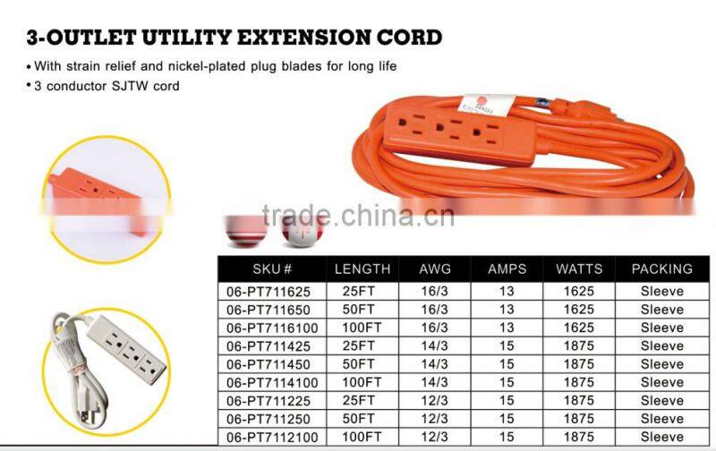 S50035 14 Gauge Extension Cord with 3 Outlet Power Strip, 12ft