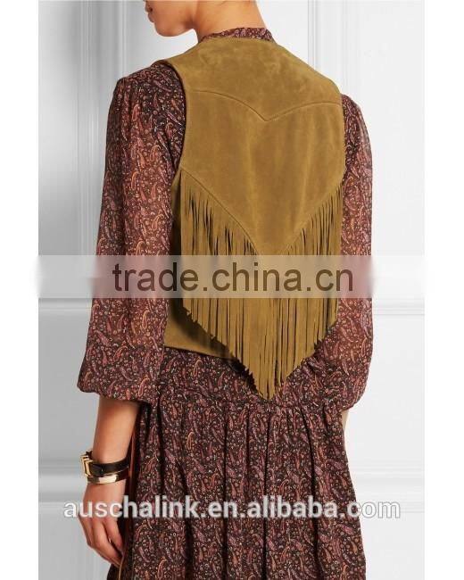 high quality women sweet brown slim fit fringe suede vest