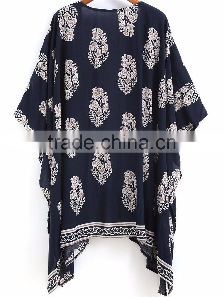 2017 Women Casual Navy Vintage Floral Loose Kimono With Asymmetrical Hem Ladies Summer Beachwear