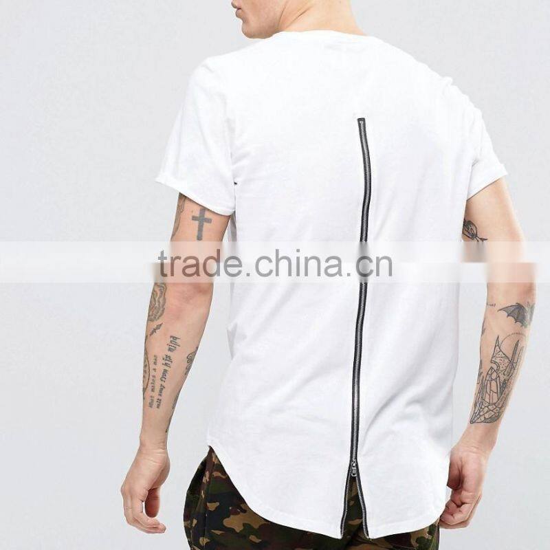 Wholesale China Mens 100% cotton Custom Longline Elongated Curved Hem New Cut t shirts with back long zipper