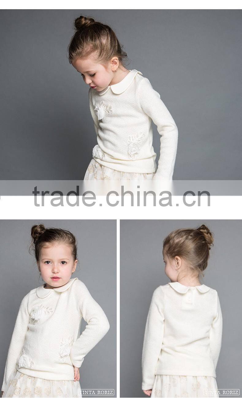 Kid Girls Wear Knnitted Lapel T Shirt With Flower Decoration Girls Long Sleeve t Shirt