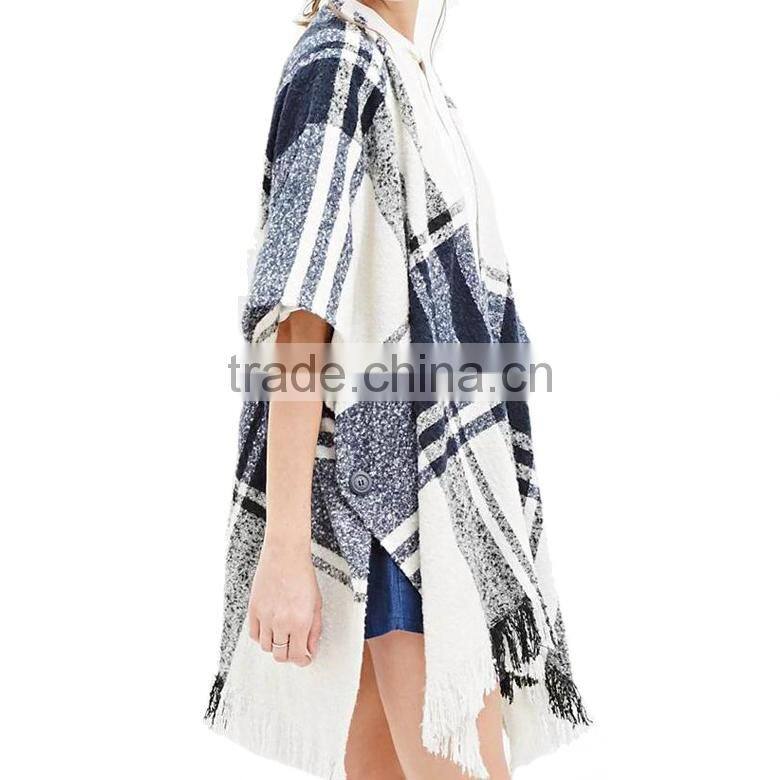 3/4 sleeve no button contrasted plain pattern women fashion poncho with a fringe trim