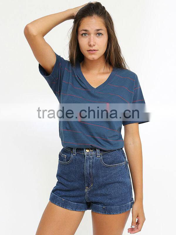 Unisex Pinstripe Jersey Short Sleeve V-Neck 2014 fashion cotton stripe t shirts