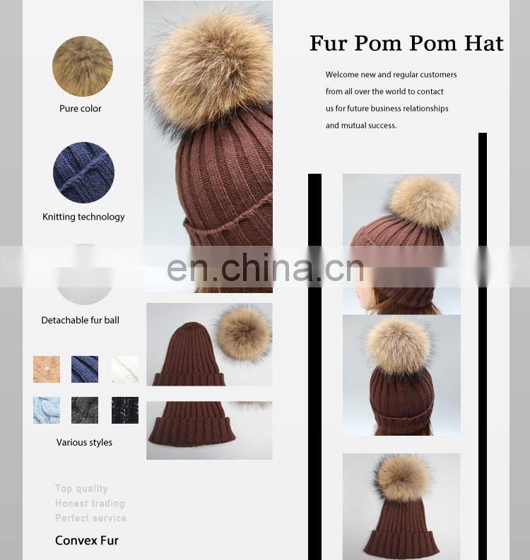 Wholesale latest UK style acrylic crochet hat with raccoon fur poms knit hat