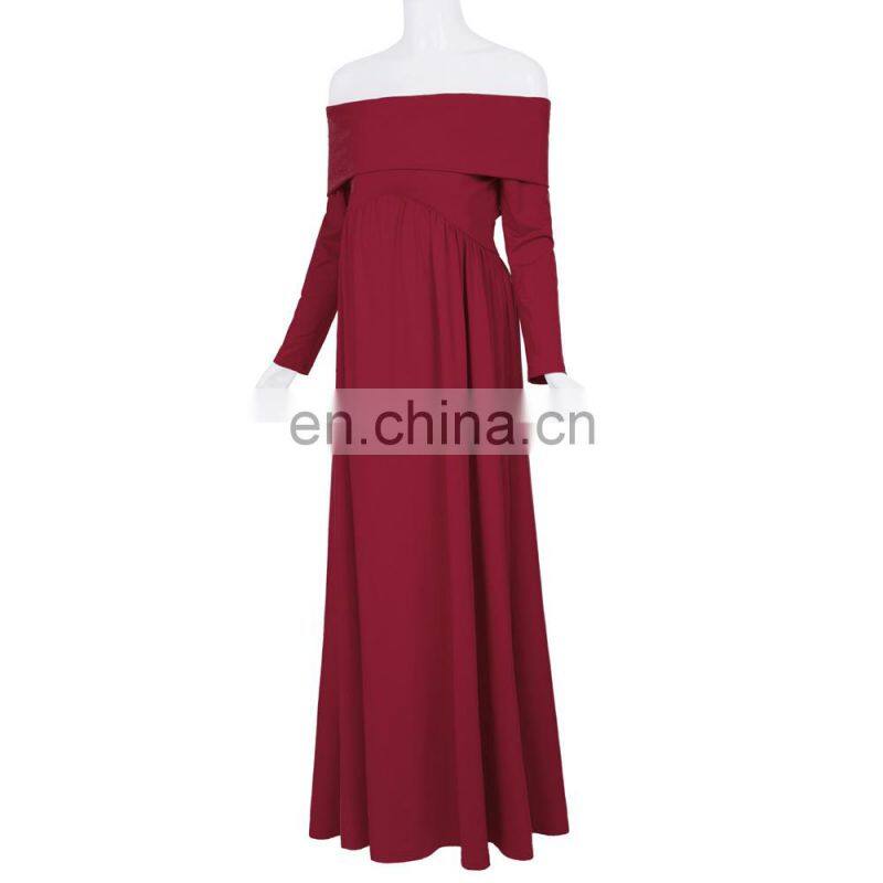 Kate Kasin Sexy Womens Maternity Long Sleeve Off Shoulder Long Maxi Dress Wine Red Maternity Dress KK000677-1