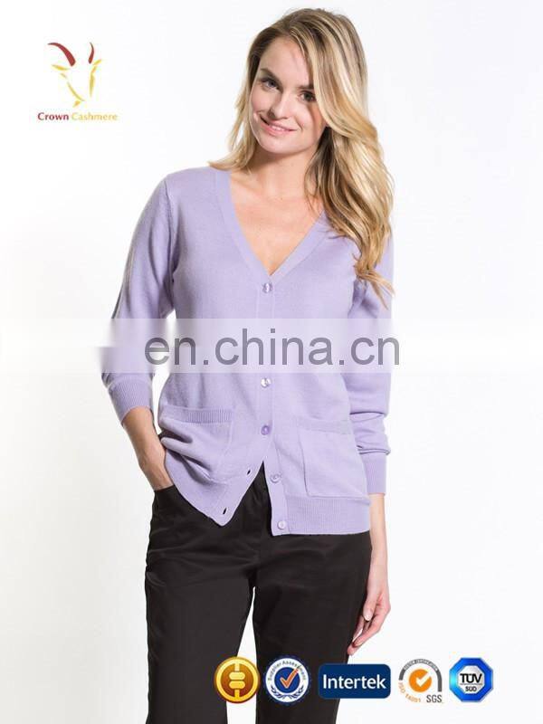 women v neck computer knit purple cardigan sweater with buttons