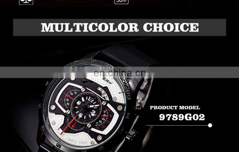 SINOBI Masculine Big Dial Wristwatch S9789G Silicone Band Black Chronograph Watch Multi Function Youth Men Watch