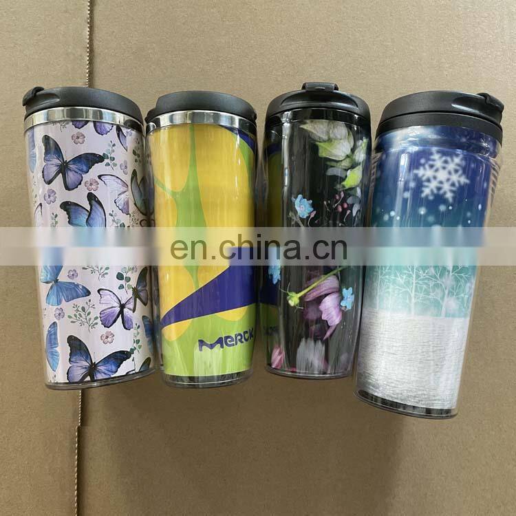 350ml Custom Logo Paper Insert Double Wall Plastic Travel Mug With Lid