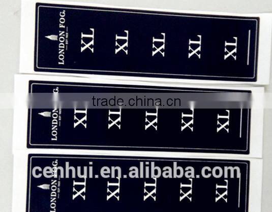 2015 factory customize black adhesive printed size sticker for clothing