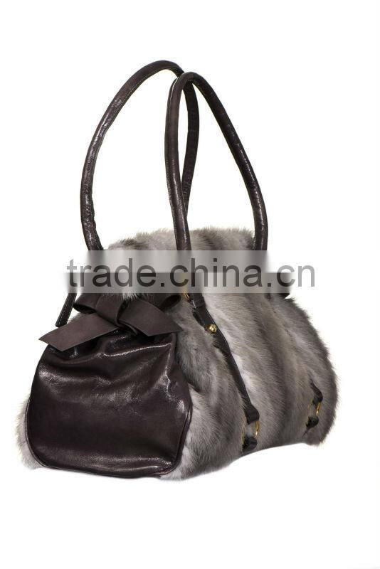 BG13004 red knitted mink fur bag combined with genuine leather