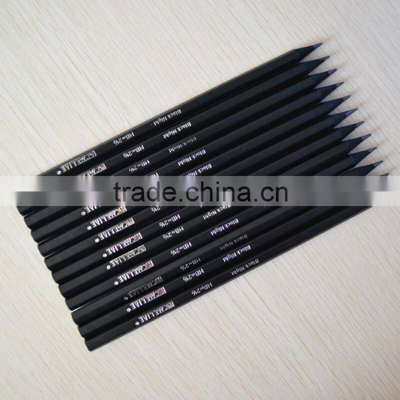 7" standard size hexagonal shape sharpened black linden wood 2.2mm lead black knight HB pencil