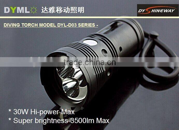 DY-D03 super bright led diving light,3*XML LEDS,30w,3500lm,piezoelectric switch,4*18650liion battery ,runtime 2 hours with full