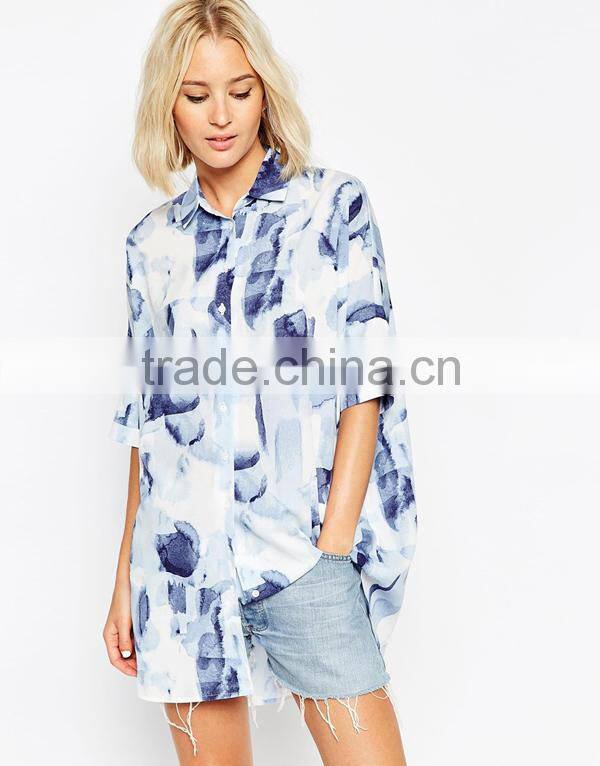 Blue Oversized Print new model woman blouse 2015