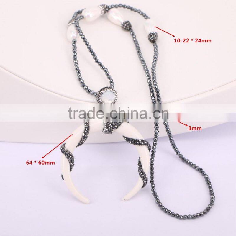 Fashion Drop Pearl Shell Gemstone Necklace, Double Horn Pendant Hematite Beads Necklace