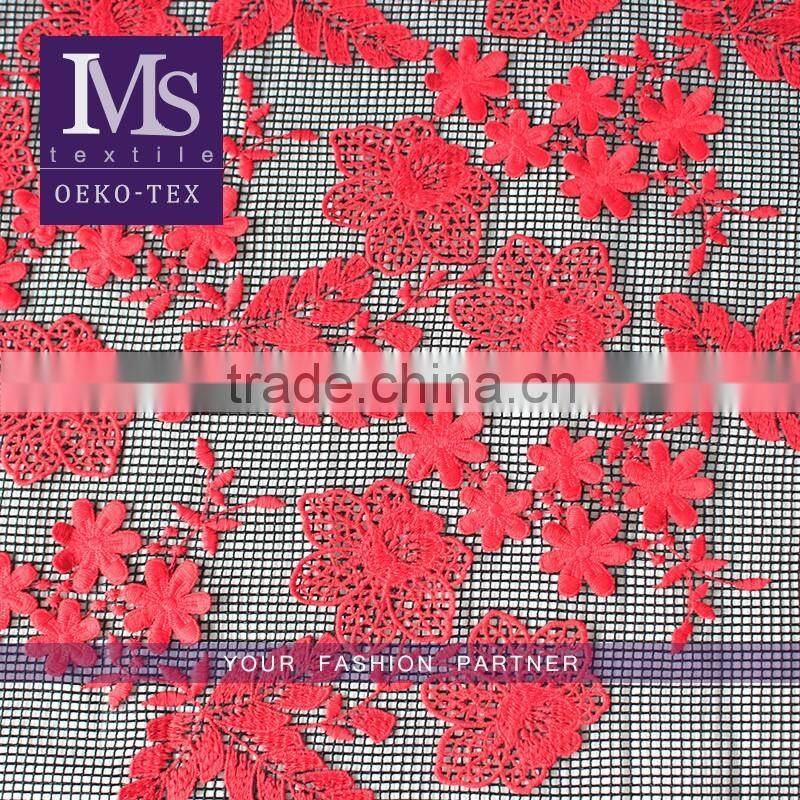 Black net Polyester dress making lace fabric with 3D maple leave design / Good price