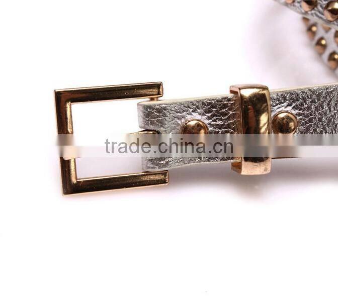 Wholesale double layer rivets decorated square pattern buckle sex women lady thin PU waist belt