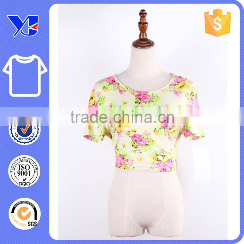 Polyester-rich crew neckline cropped cut short plain floral women shirt