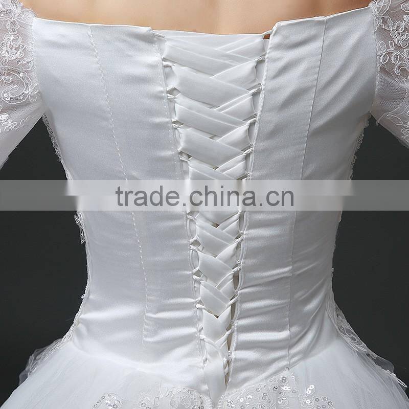 MGOO Elegant Old Castle Long Tail Wedding Dress Lao White Embroidery Off Shoulder 3/4 Long Sleeves Dress