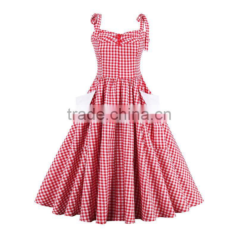 Vintage Dress 1950s Red Plaid Elegant Dresses Girls Party Dresses With Pocket