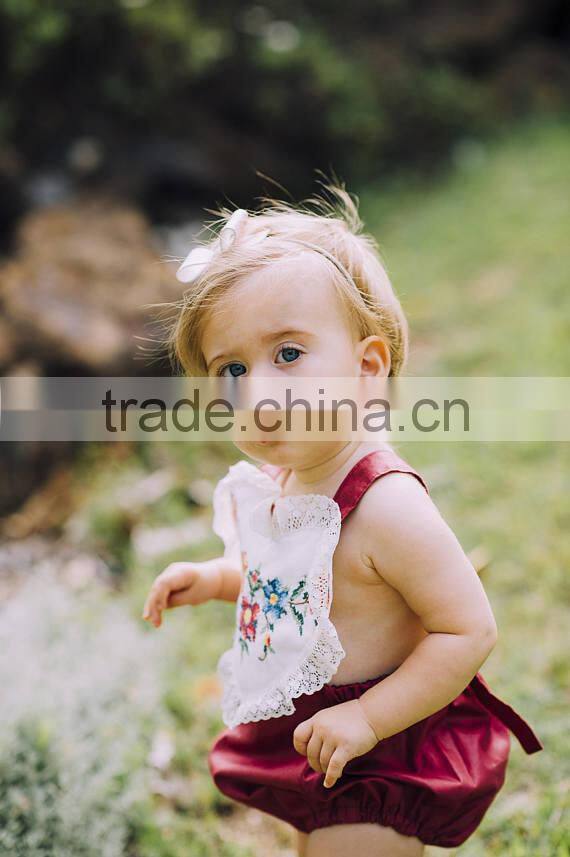 Maroon Vintage Embroidery Romper/Playsuit For Wholesale Baby Clothes Toddler Clothing