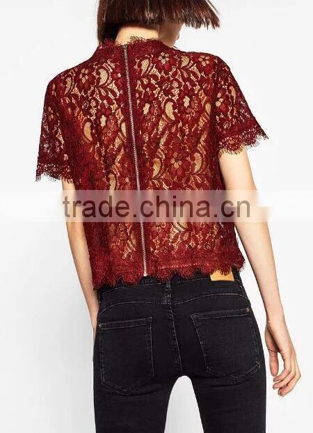 Runwaylover EY2368B Hot Sale 2017 Ladies Hollow Out Shrt Sleeve Lace T-Shirts