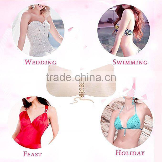 Adhesive Bra, Push Up Strapless Bra with Drawstring Reusable Invisible Silicone Backless Bras for Women