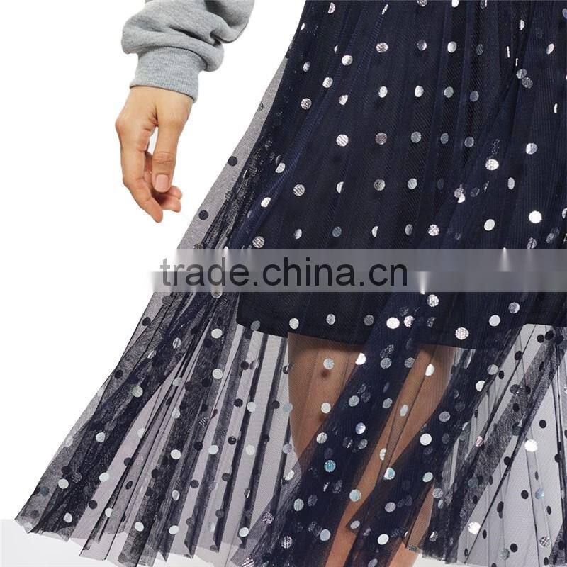 2017 OEM Spring Knee Length Navy Blue Foil Spotted Sequin Skirt