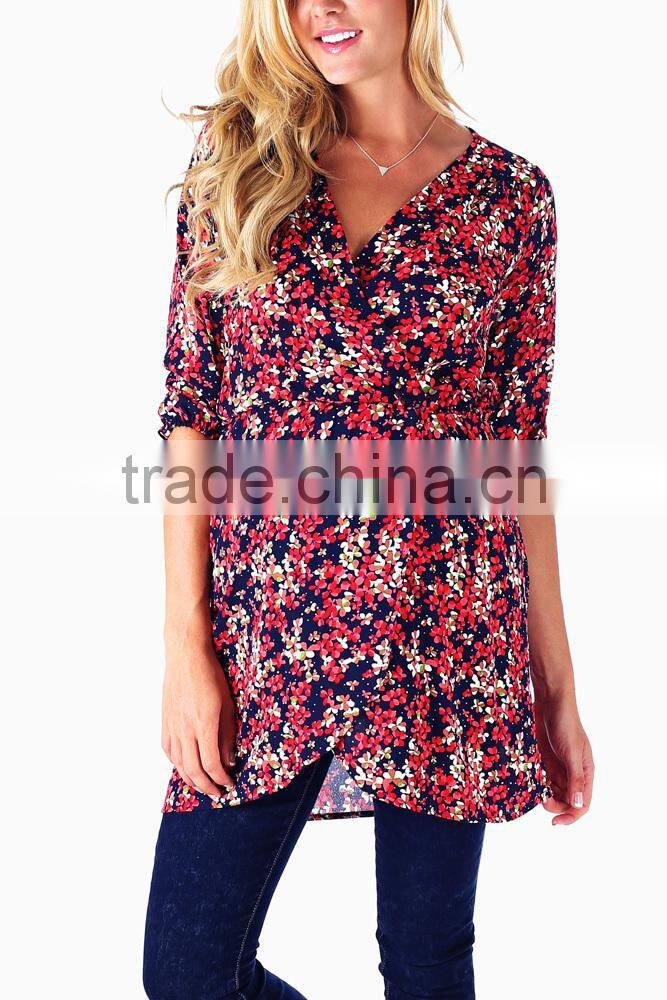 NAVY BLUE RED FLORAL PRINTED CHIFFON MATERNITY/NURSING TUNIC