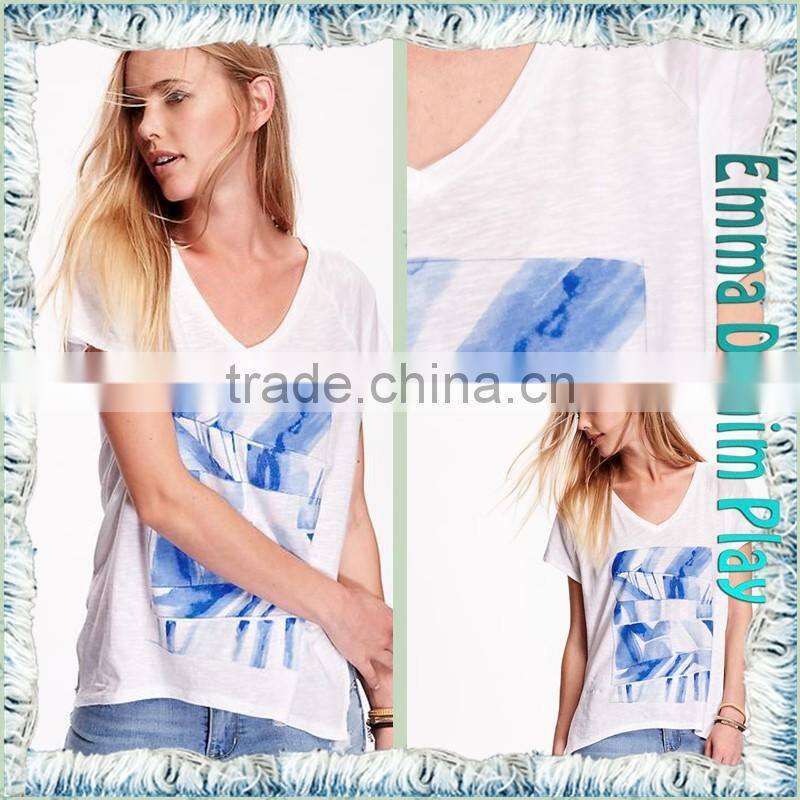 2016 Top Custom Designs Ditigal Printing Girls Open Hem Deep V Neck T-Shirt