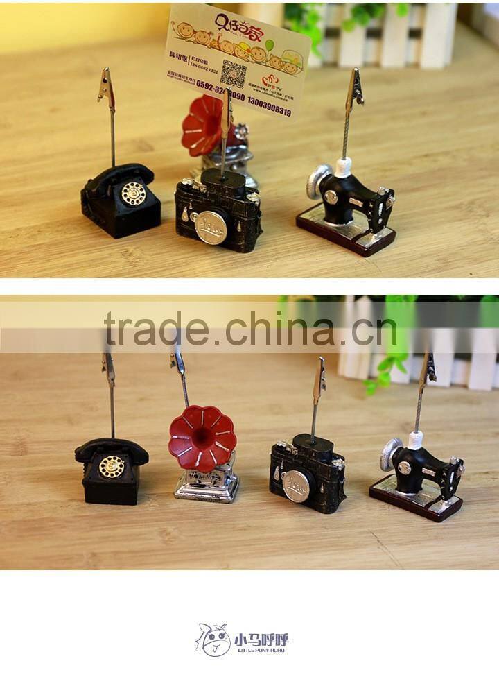 Novel cute sewing machine phonograph camera phone shape name card paper photo clips holder stand resin craft for logo custom