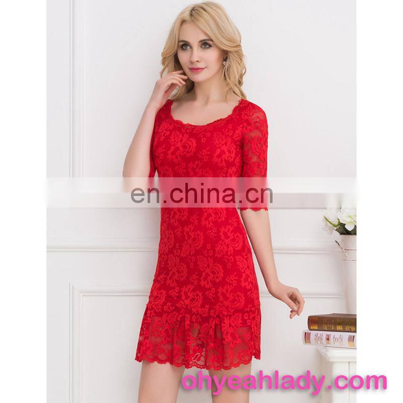 Best selling red fashion lace detailed fat size women party dress