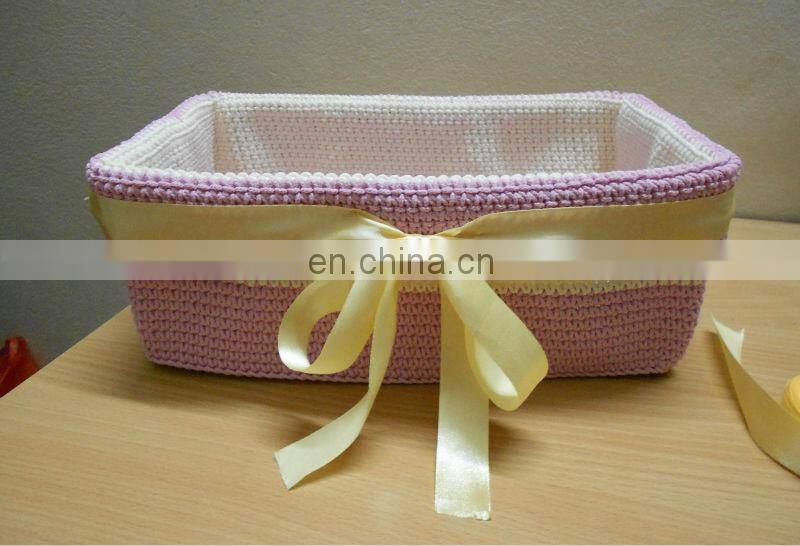 Cream pp yarn crochet holder basket with beige lace