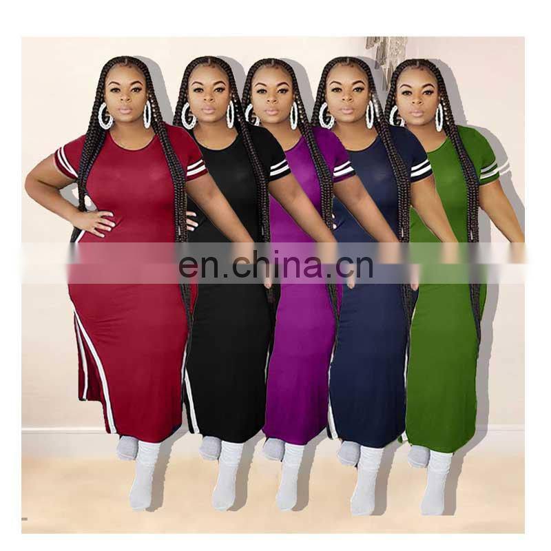 custom Plus Size Dress Skirts ladies dresses summer short sleeve Side split maxi solid bodycon dress women plus size clothes