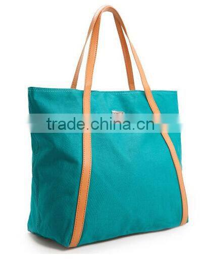 Leather handle polyester woman handbag