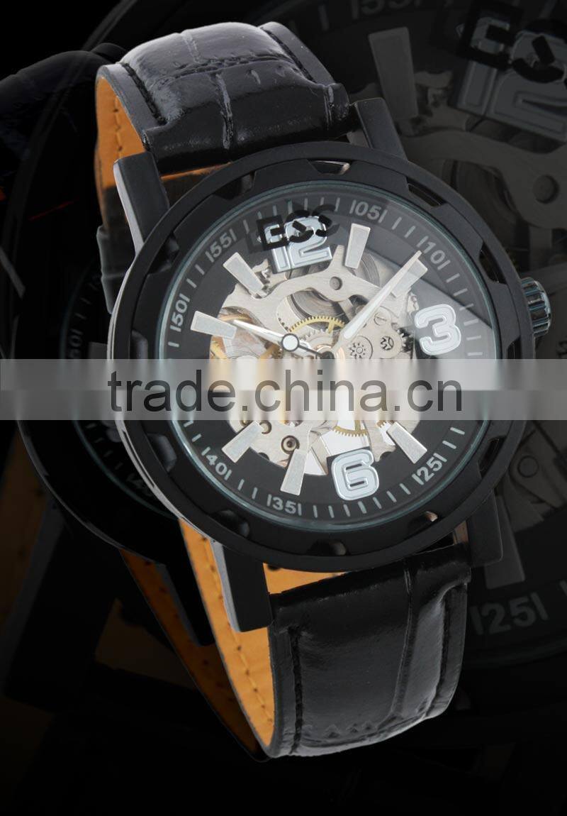 Brand Men's Black Luxury Skeleton Leather Mechanical Watch WM221-ESS